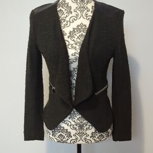 H&M Black Textured Open Blazer with Faux Leather Shoulder Panels